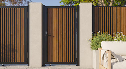Modern WPC Slat Panel Single Privacy Gate with Digital Keypad Lock – Weathered Teak with Black Accents