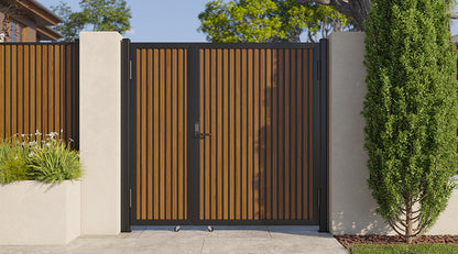 Modern WPC Slat Panel Single Privacy Gate with Digital Keypad Lock – Weathered Teak with Black Accents