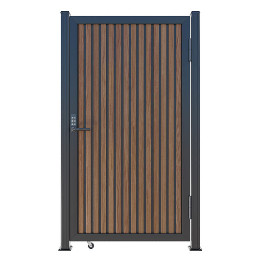 Modern WPC Slat Panel Single Privacy Gate with Digital Keypad Lock – Weathered Teak with Black Accents