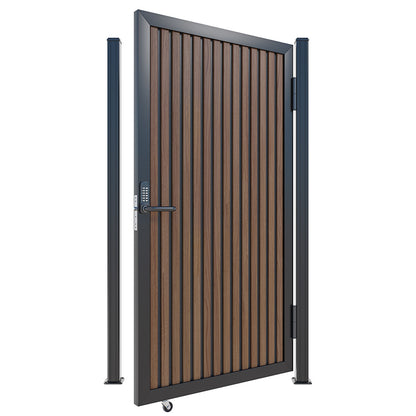 Modern WPC Slat Panel Single Privacy Gate with Digital Keypad Lock – Weathered Teak with Black Accents
