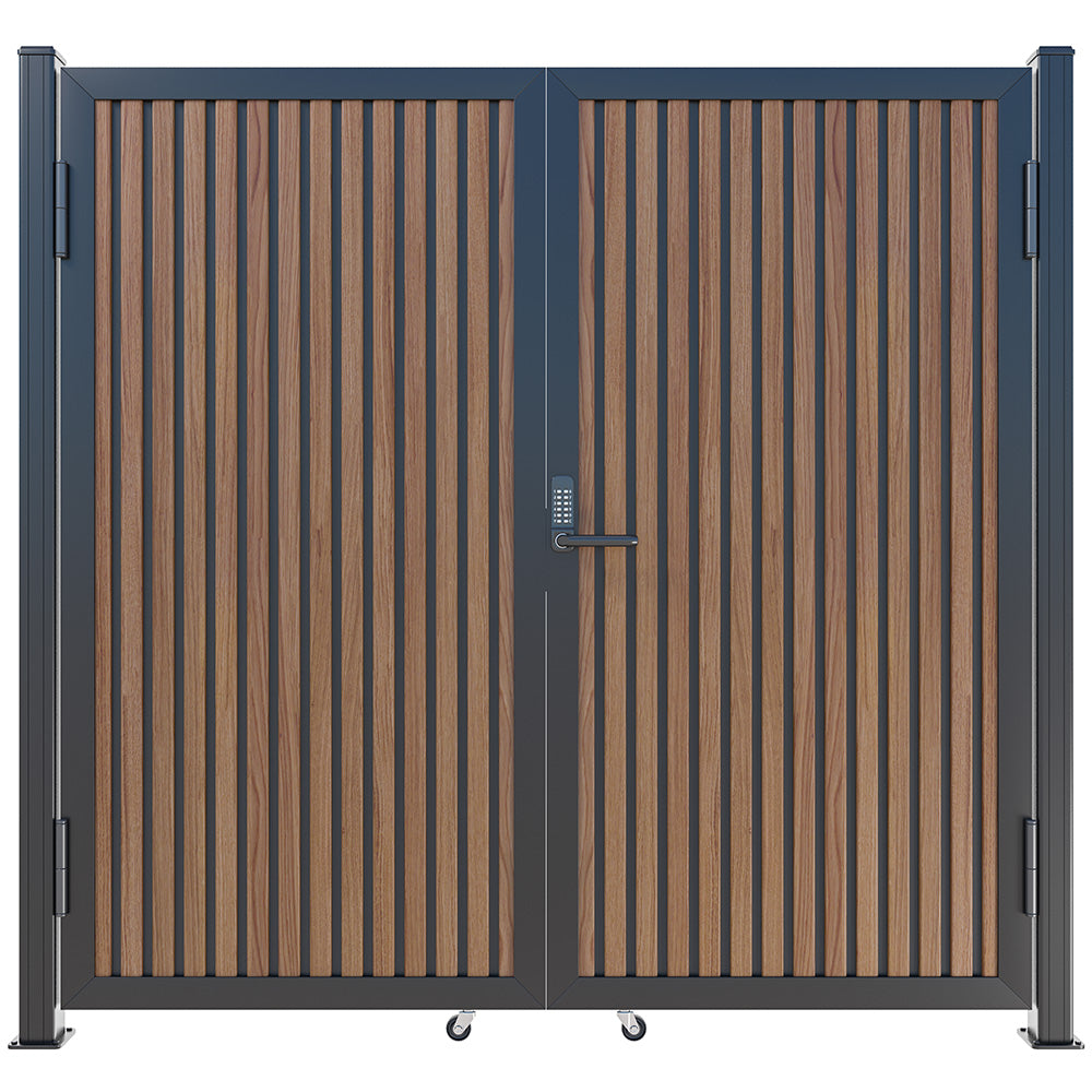 Modern WPC Slat Panel Single Privacy Gate with Digital Keypad Lock – Weathered Teak with Black Accents