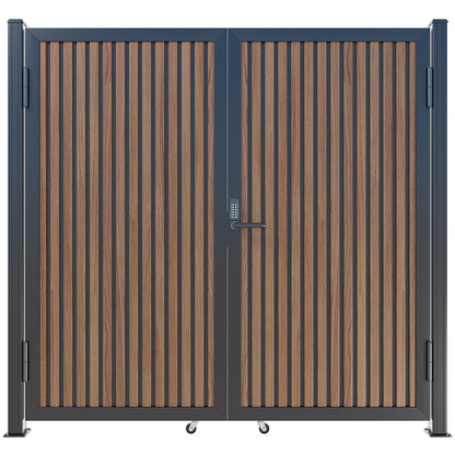 Modern WPC Slat Panel Single Privacy Gate with Digital Keypad Lock – Weathered Teak with Black Accents