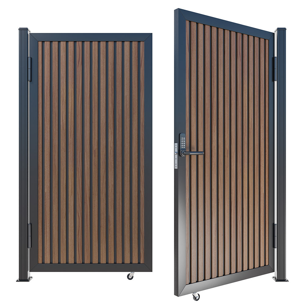 Modern WPC Slat Panel Single Privacy Gate with Digital Keypad Lock – Weathered Teak with Black Accents