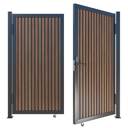 Modern WPC Slat Panel Single Privacy Gate with Digital Keypad Lock – Weathered Teak with Black Accents
