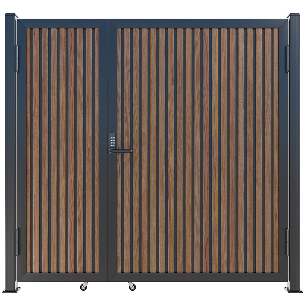 Modern WPC Slat Panel Single Privacy Gate with Digital Keypad Lock – Weathered Teak with Black Accents
