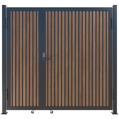 Modern WPC Slat Panel Single Privacy Gate with Digital Keypad Lock – Weathered Teak with Black Accents