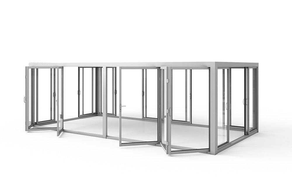 Aire™ Panorámica 360° Glass Pergola with Louvered Roof – White 20′×10′ ft (Dual Bi-Fold Walls + Side Sliding Doors)