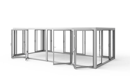 Aire™ Panorámica 360° Glass Pergola with Louvered Roof – White 20′×10′ ft (Dual Bi-Fold Walls + Side Sliding Doors)