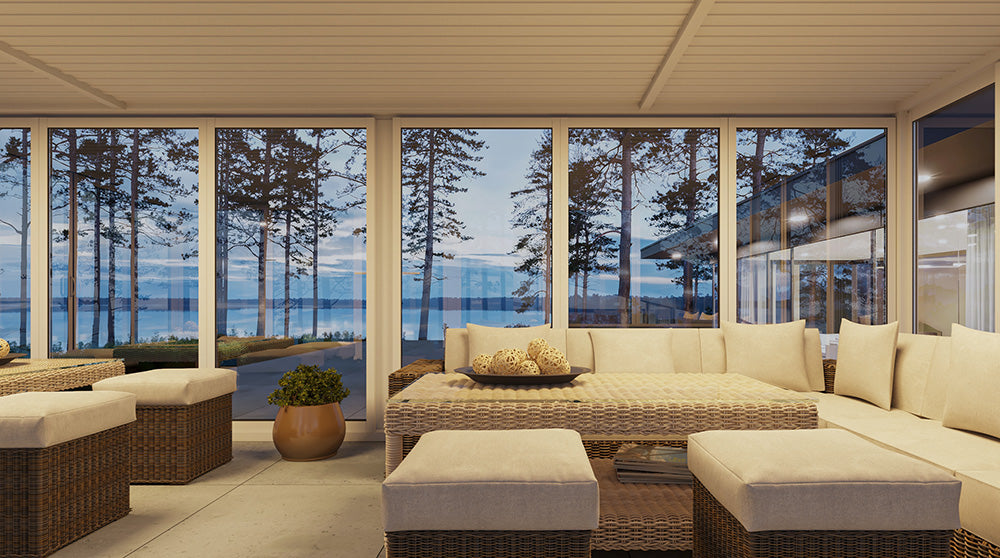 Aire™ Panorámica 360° Glass Pergola with Louvered Roof – White 20′×10′ ft (Dual Bi-Fold Walls + Side Sliding Doors)