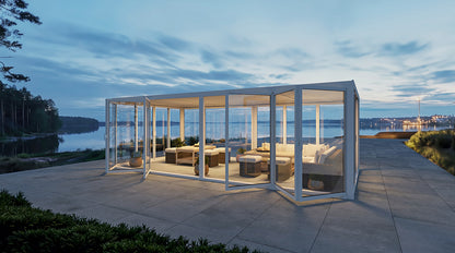 Aire™ Panorámica 360° Glass Pergola with Louvered Roof – White 20′×10′ ft (Dual Bi-Fold Walls + Side Sliding Doors)