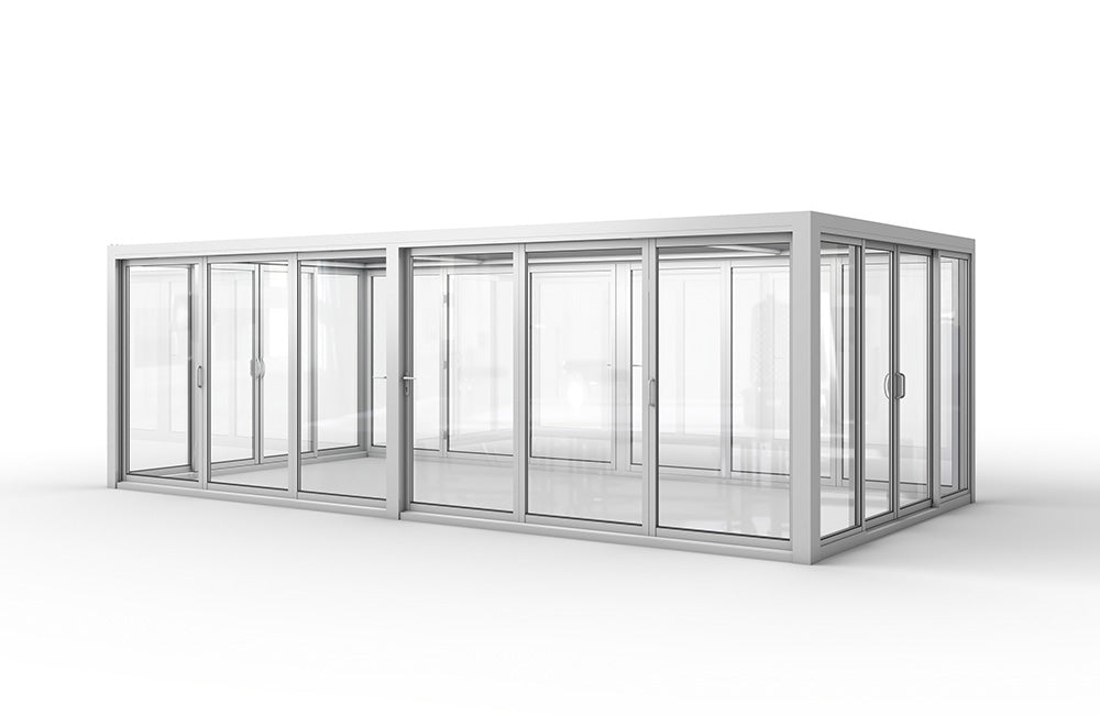 Aire™ Panorámica 360° Glass Pergola with Louvered Roof – White 20′×10′ ft (Dual Bi-Fold Walls + Side Sliding Doors)