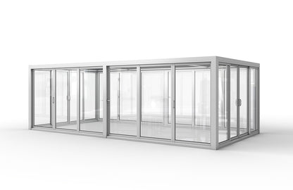 Aire™ Panorámica 360° Glass Pergola with Louvered Roof – White 20′×10′ ft (Dual Bi-Fold Walls + Side Sliding Doors)