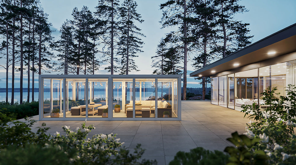 Aire™ Panorámica 360° Glass Pergola with Louvered Roof – White 20′×10′ ft (Dual Bi-Fold Walls + Side Sliding Doors)