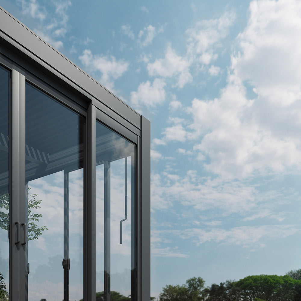 Aire™ Panorámica 360° Glass Pergola with Louvered Roof – Charcoal Gray 20′×10′ ft (Dual Bi-Fold Walls + Side Sliding Doors)