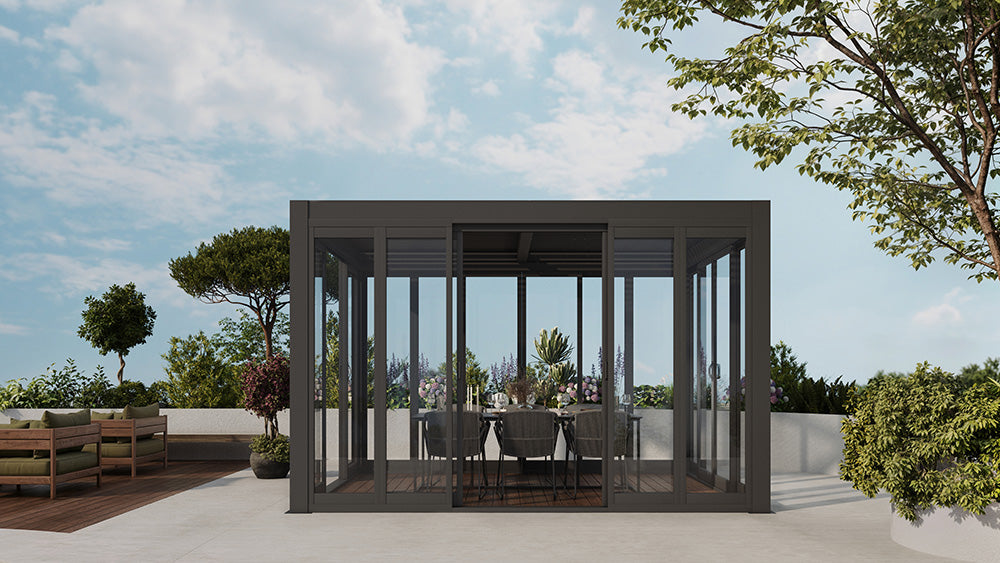 Cielos™ Louvered Roof Glass Pergola Outdoor Metal Gazebo Cabana Structure – Black 13' × 10' ft