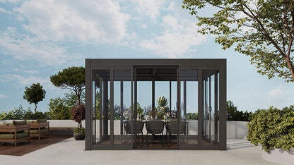 Cielos™ Louvered Roof Glass Pergola Outdoor Metal Gazebo Cabana Structure – Black 13' × 10' ft