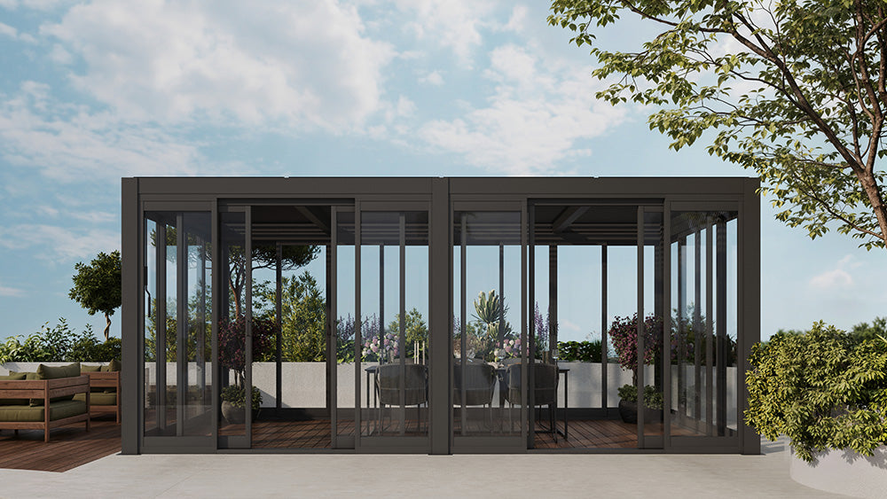 Cielos™ Louvered Roof Glass Pergola Outdoor Metal Gazebo Cabana Structure – Black 20' × 10' ft