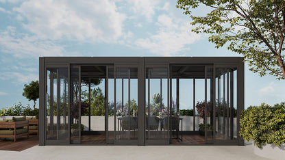 Cielos™ Louvered Roof Glass Pergola Outdoor Metal Gazebo Cabana Structure – Black 20' × 10' ft