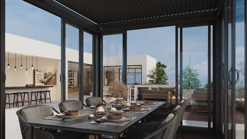 Cielos™ Louvered Roof Glass Pergola Outdoor Metal Gazebo Cabana Structure – Black 13' × 10' ft