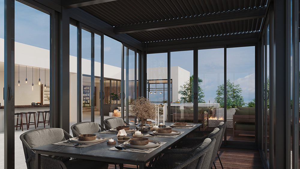 Cielos™ Louvered Roof Glass Pergola Outdoor Metal Gazebo Cabana Structure – Black 20' × 10' ft