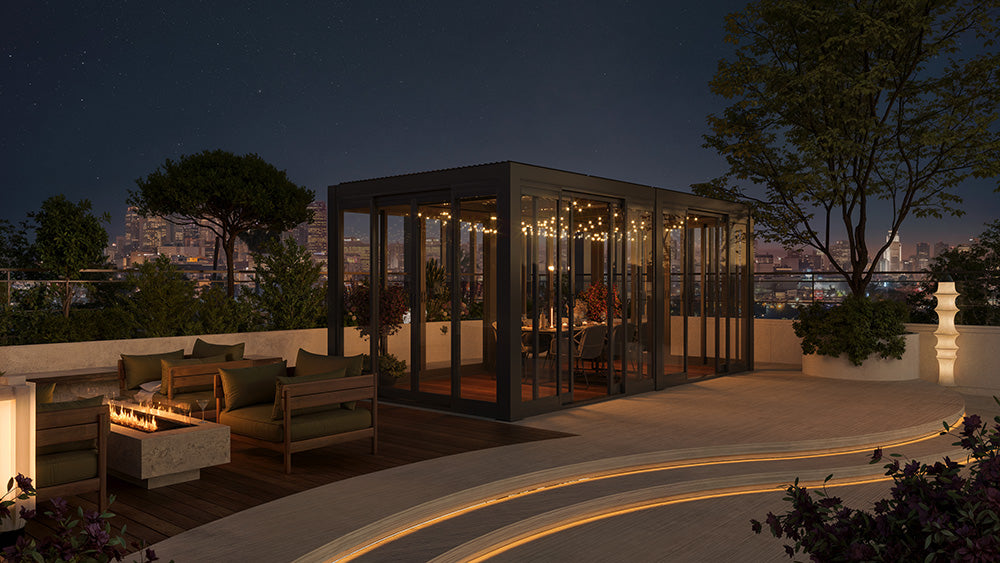 Cielos™ Louvered Roof Glass Pergola Outdoor Metal Gazebo Cabana Structure – Black 20' × 10' ft