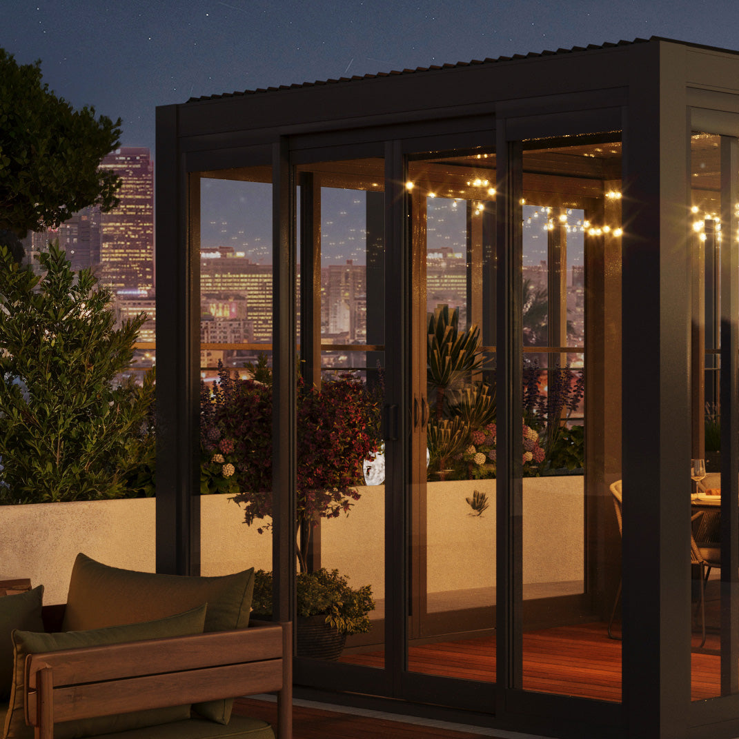 Cielos™ Louvered Roof Glass Pergola Outdoor Metal Gazebo Cabana Structure – Black 20' × 10' ft