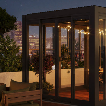 Cielos™ Louvered Roof Glass Pergola Outdoor Metal Gazebo Cabana Structure – Black 20' × 10' ft