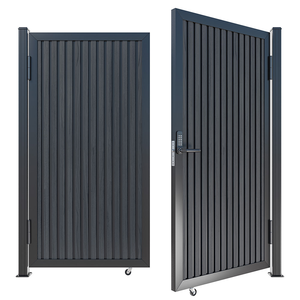 Modern WPC Slat Panel Single Privacy Gate with Mechanical Keypad Lock – Black