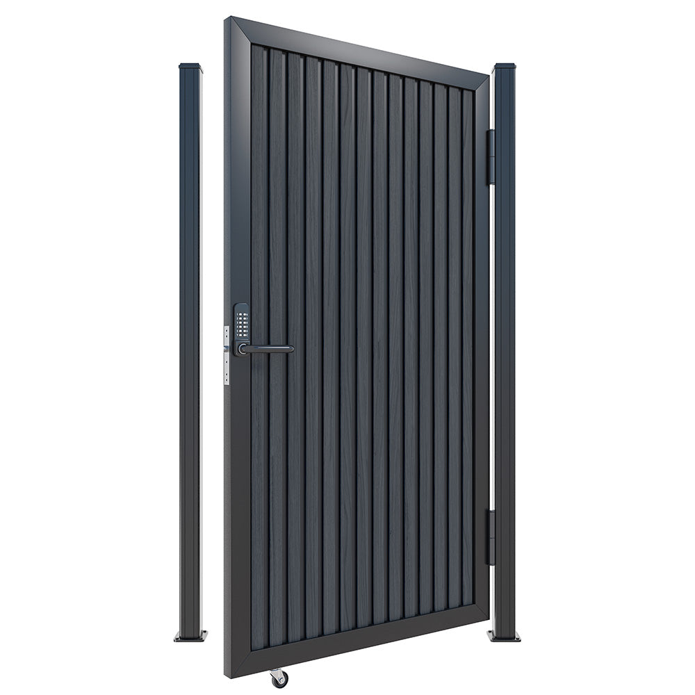 Modern WPC Slat Panel Single Privacy Gate with Mechanical Keypad Lock – Black