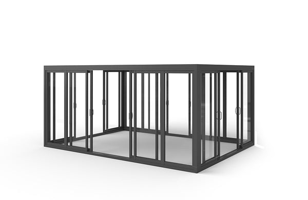 Cielos™ Panorámica 360° 4-Sided Glass Pergola with Louvered Roof – Black 13′×10′ ft (4 Sliding Doors)
