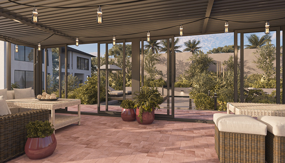 Cielos™ Panorámica 360° 4-Sided Glass Pergola with Louvered Roof – Black 20′×10′ ft (6 Sliding Doors)