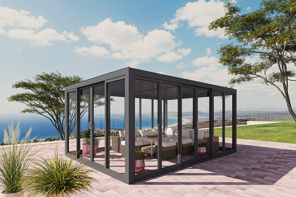 Cielos™ Panorámica 360° 4-Sided Glass Pergola with Louvered Roof – Black 13′×10′ ft (4 Sliding Doors)