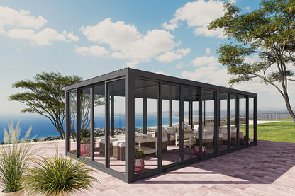 Cielos™ Panorámica 360° 4-Sided Glass Pergola with Louvered Roof – Black 20′×10′ ft (6 Sliding Doors)