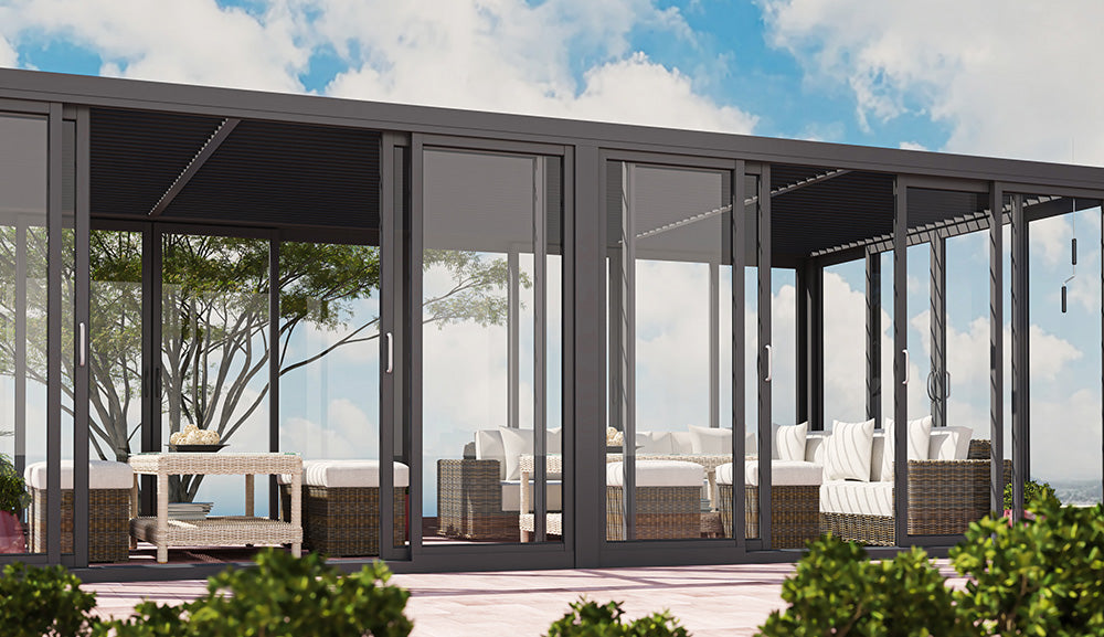 Cielos™ Panorámica 360° 4-Sided Glass Pergola with Louvered Roof – Black 20′×10′ ft (6 Sliding Doors)