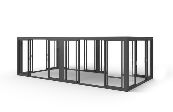 Cielos™ Panorámica 360° 4-Sided Glass Pergola with Louvered Roof – Black 20′×10′ ft (6 Sliding Doors)