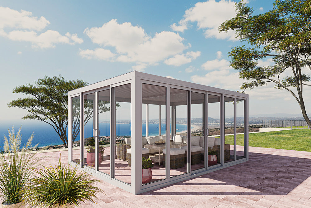Cielos™ Panorámica 360° 4-Sided Glass Pergola with Louvered Roof – White 13′×10′ ft (4 Sliding Doors)
