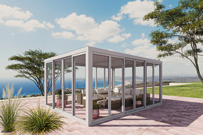 Cielos™ Panorámica 360° 4-Sided Glass Pergola with Louvered Roof – White 13′×10′ ft (4 Sliding Doors)