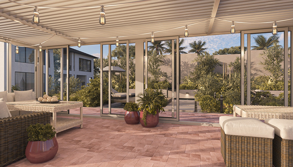 Cielos™ Panorámica 360° 4-Sided Glass Pergola with Louvered Roof – White 20′×10′ ft (6 Sliding Doors)