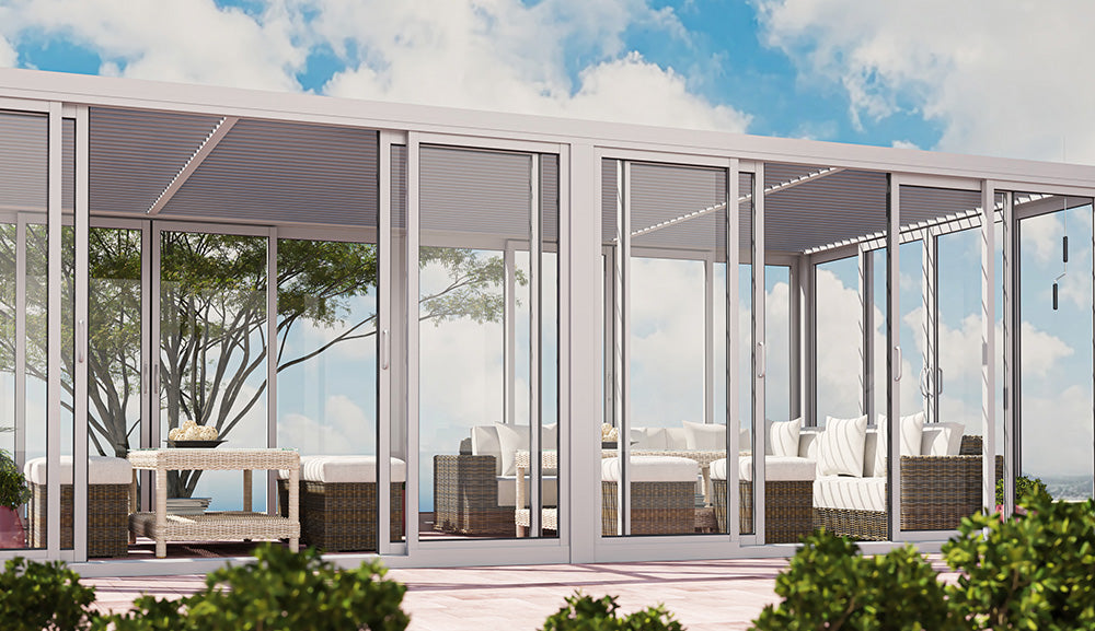 Cielos™ Panorámica 360° 4-Sided Glass Pergola with Louvered Roof – White 20′×10′ ft (6 Sliding Doors)