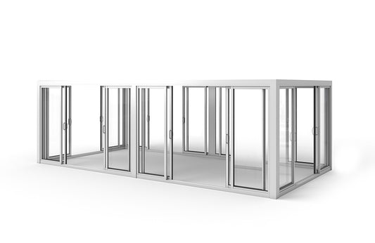 Cielos™ Panorámica 360° 4-Sided Glass Pergola with Louvered Roof – White 20′×10′ ft (6 Sliding Doors)