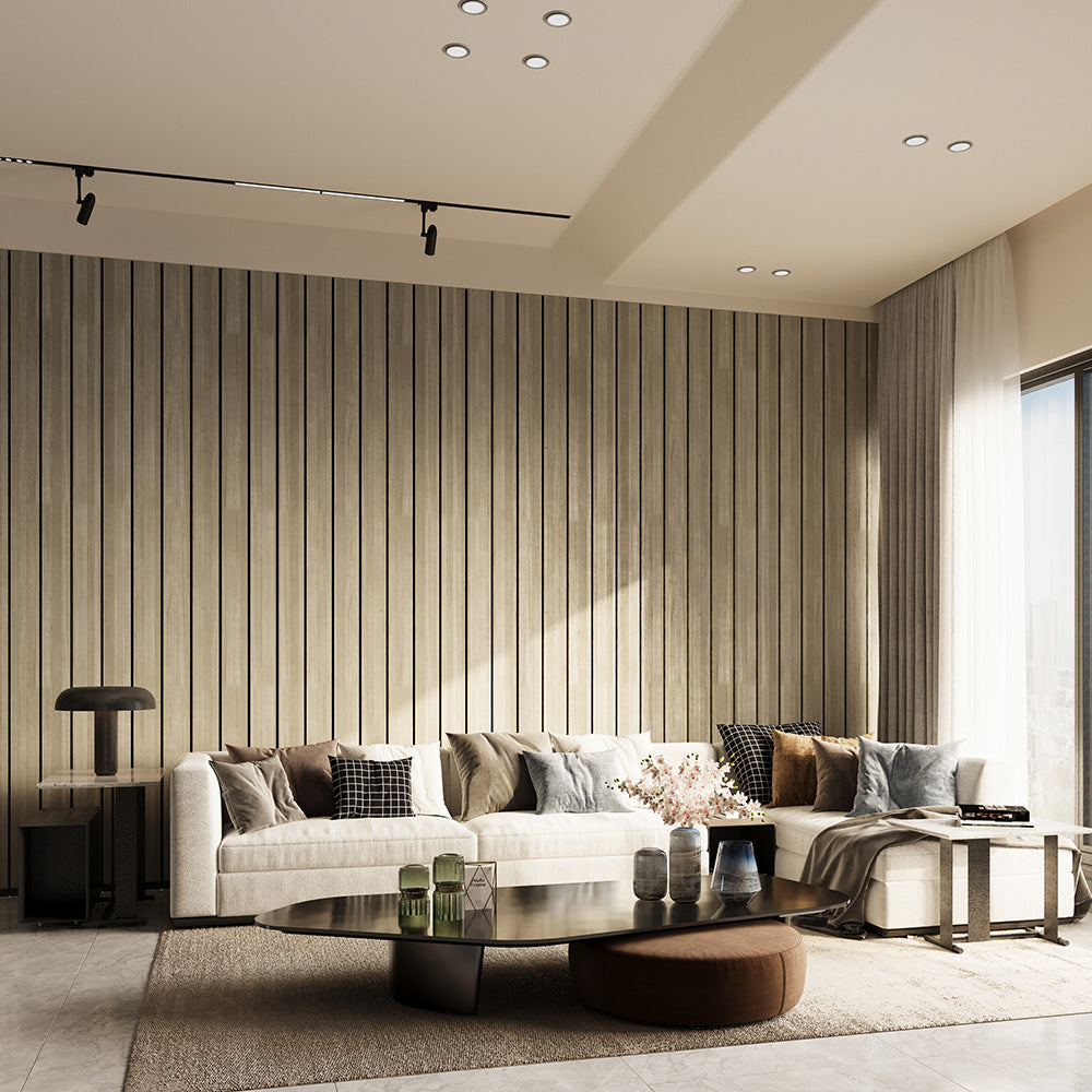 Combo-Slat Alternating Widths Acoustic Wood Wall Panels - Light Walnut