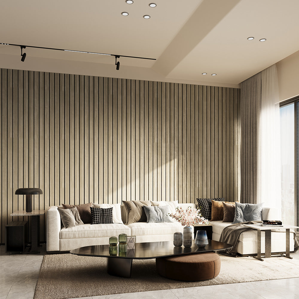 Combo-Slat Alternating Widths Acoustic Wood Wall Panels - Light Walnut