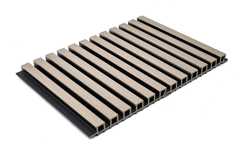 Exterior Composite Siding Slat Wall Cladding System in Gray-Beige With Black Accents