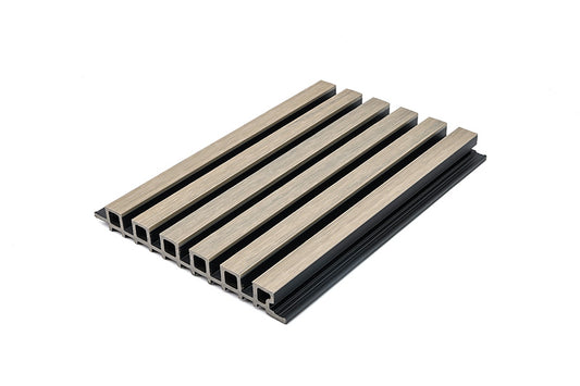 Exterior Composite Siding Slat Wall Cladding System in Gray-Beige With Black Accents