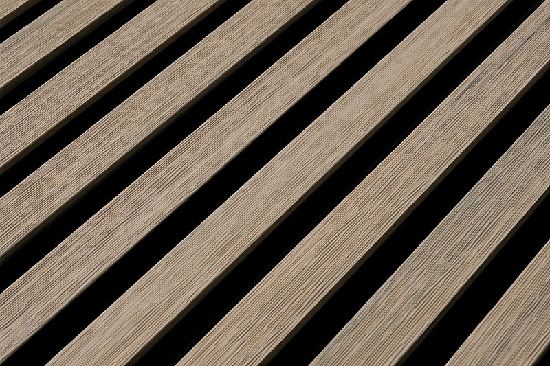 Exterior Composite Siding Slat Wall Cladding System in Gray-Beige With Black Accents