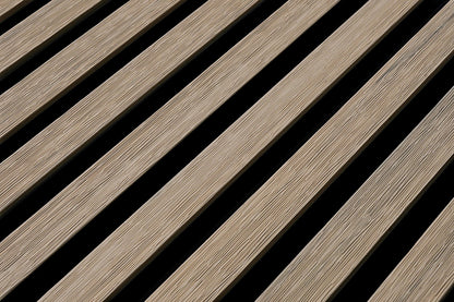 Exterior Composite Siding Slat Wall Cladding System in Gray-Beige With Black Accents
