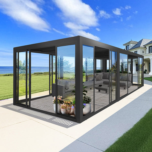 Cielos™ Louvered Roof Glass Pergola Outdoor Metal Gazebo Cabana Structure – Black 20×10 ft