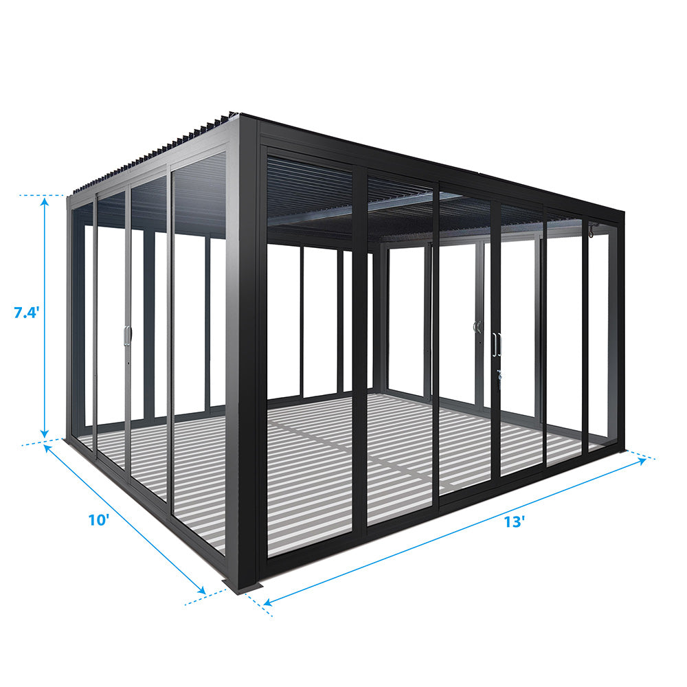 Cielos™ Louvered Roof Glass Pergola Outdoor Metal Gazebo Cabana Structure – Black 13' × 10' ft