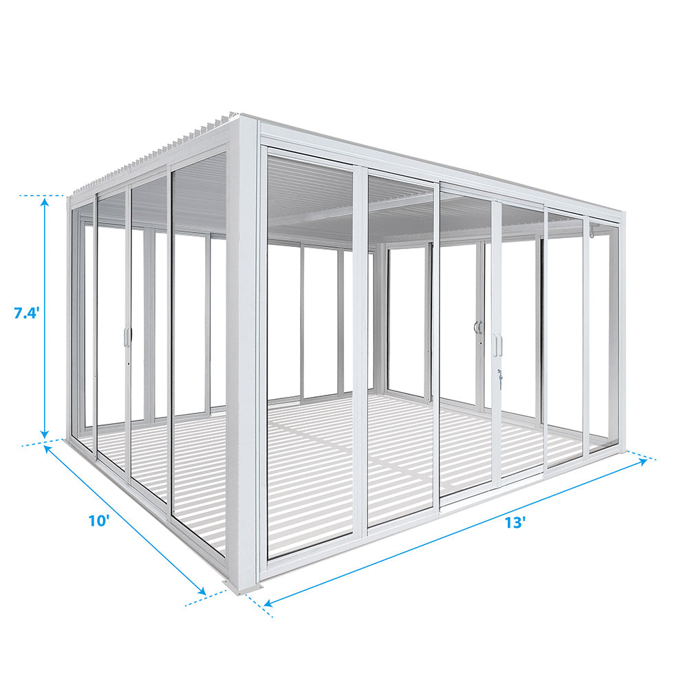 Cielos™ Louvered Roof Glass Pergola Outdoor Metal Gazebo Cabana Structure – White 13' × 10' ft