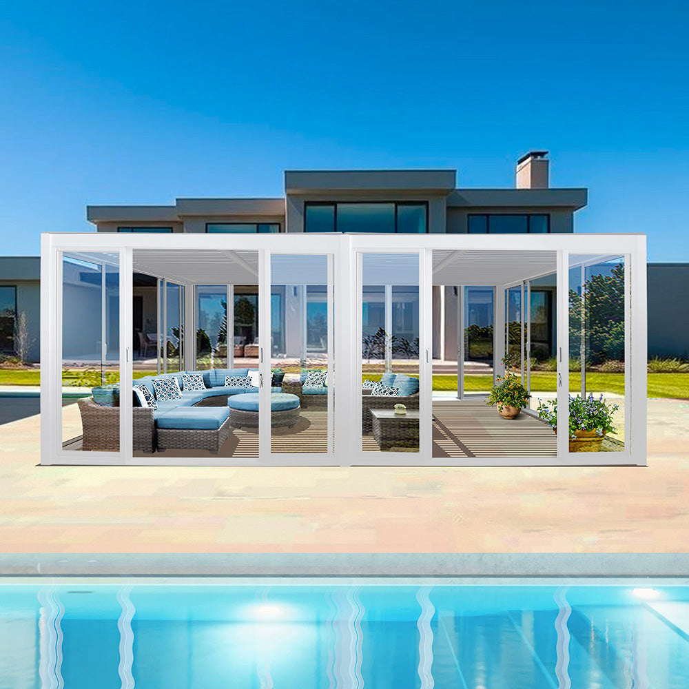 Mirador™ Louvered Roof Glass Pergola Outdoor Metal Gazebo Cabana Structure – White 20×10 ft